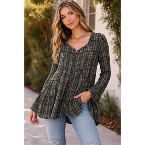 Free People Plaid Gauze Tunic Top L Green Black Boho Tiered Babydoll Cotton